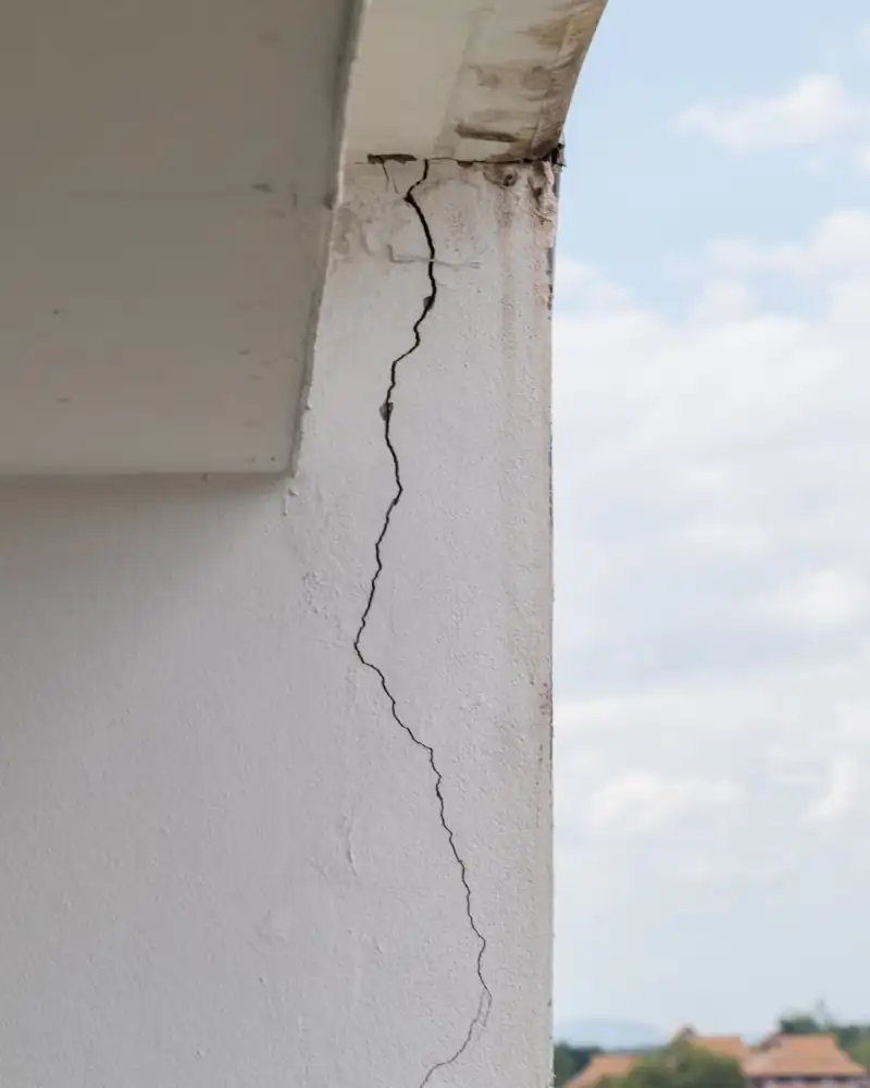 Une fissure qui descend le long d’un mur blanc, depuis l’avant-toit