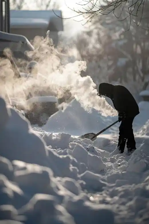 Personne dégageant à la pelle une épaisse couche de neige devant une maison