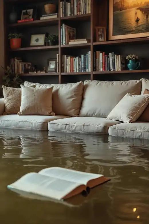 Salon envahi par l’eau après une inondation