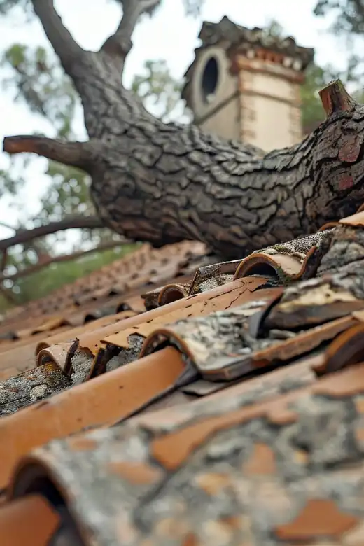 Arbre tombé sur la toiture d’une maison après une tempête