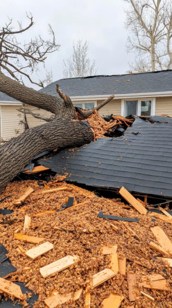 Toiture abîmée par un arbre tombé pendant une tempête